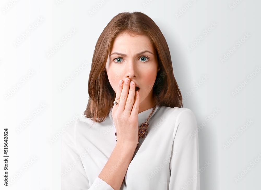 Shocked and worried girl student open mouth and look scared, forget remember smth bad, concerned, standing distressed Shocked and worried girl student open mouth and look scared, forget remember smth bad, concerned, standing distressed