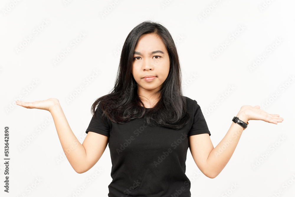 Presenting and Showing Two Product on Open palm of Beautiful Asian Woman Isolated On White Presenting and Showing Two Product on Open palm of Beautiful Asian Woman Isolated On White