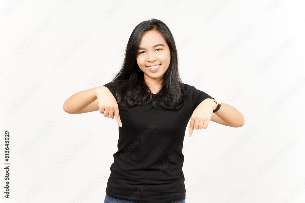 Pointing down and showing blank copy space of Beautiful Asian Woman Isolated On White Background