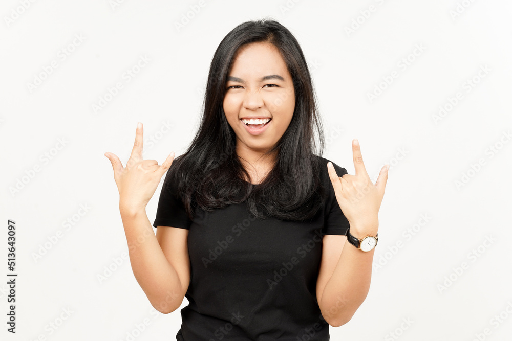 Showing metal hands of Beautiful Asian Woman Isolated On White Background Showing metal hands of Beautiful Asian Woman Isolated On White Background