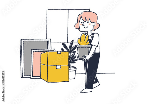 植木鉢を運ぶ女性　転居や新築で、新しい家に荷物を運び入れる人々