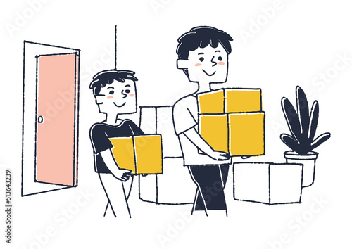 　荷物を運ぶ親子 転居や新築で、新しい家に荷物を運び入れる人々
