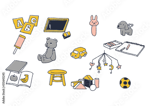 赤ちゃんや幼児が遊ぶおもちゃのセット　コミカルな手書きの素材　ベクター、温かみのある線画