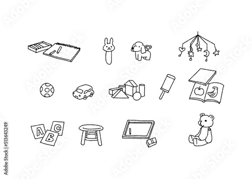 赤ちゃんや幼児が遊ぶおもちゃのセット（線画のみ、背景透過）