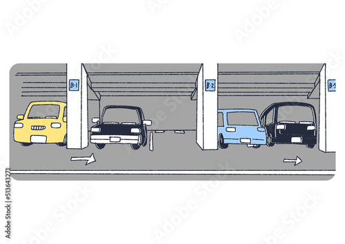 地下駐車場の風景　コミカルな手書きの素材　ベクター、温かみのある線画