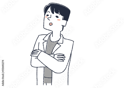 腕を組んで見上げる白衣の医師　ざまざまな表情の医療従事者