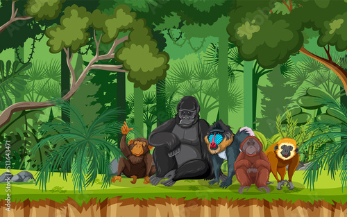 Group of wild animals in nature forest scene