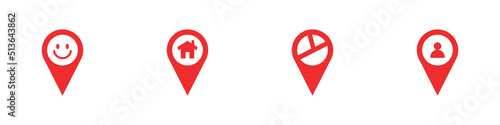 Conjunto de icono de ubicación con gráficos. Carita feliz, hogar, mapa, persona. Concepto de localización. GPS. Ilustración vectorial estilo rojo