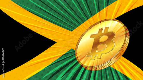 Gold coin of Bitcoin BTC and colored flag of Jamaica on background. Central Bank of Jamaica adopts laws on mining and digital assets.