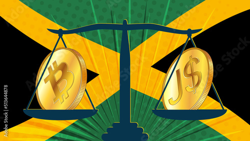 Gold coin of Bitcoin BTC and jamaican dollar JMD on scales and colored flag of Jamaica on background. Central Bank of Jamaica adopts laws on digital assets CBDC.