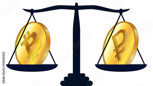Gold coin of Bitcoin BTC and russian Ruble RUB on scales isolated on white background. Laws on digital assets CBDC.