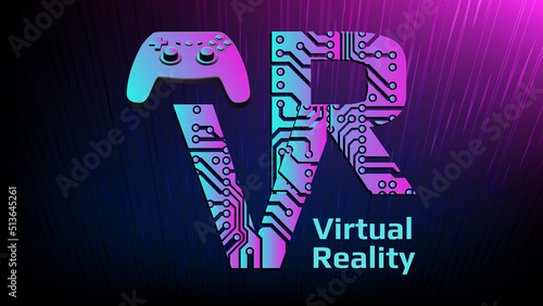 Colorful letters VR abbreviation for Virtual Reality perforated with PCB circuit board tracks and gamepad joystick on dark magenta background.