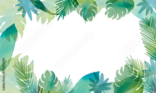                                                                                                 Watercolor painting. Tropical leaves frame with watercolor touch. Decorative frame of tropical plants.