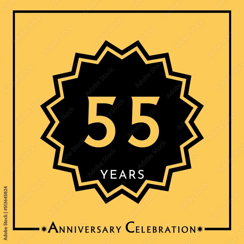 55 years anniversary celebration with black star isolated on yellow background. Creative design for happy birthday, wedding, graduation, event party, marriage, invitation card and greeting card. 55 years anniversary celebration with black star isolated on yellow background. Creative design for happy birthday, wedding, graduation, event party, marriage, invitation card and greeting card.