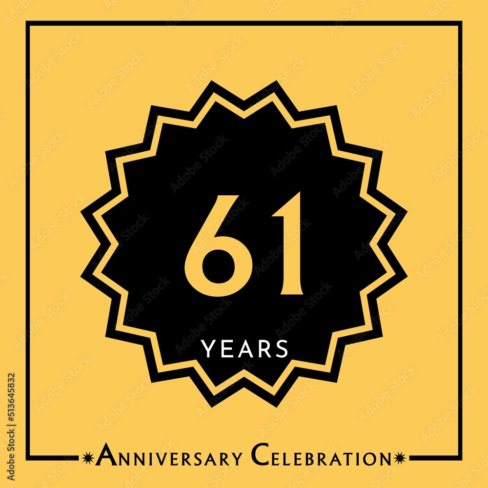 61 years anniversary celebration with black star isolated on yellow background. Creative design for happy birthday, wedding, graduation, event party, marriage, invitation card and greeting card. 61 years anniversary celebration with black star isolated on yellow background. Creative design for happy birthday, wedding, graduation, event party, marriage, invitation card and greeting card.