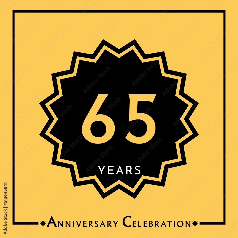 65 years anniversary celebration with black star isolated on yellow background. Creative design for happy birthday, wedding, graduation, event party, marriage, invitation card and greeting card. 65 years anniversary celebration with black star isolated on yellow background. Creative design for happy birthday, wedding, graduation, event party, marriage, invitation card and greeting card.
