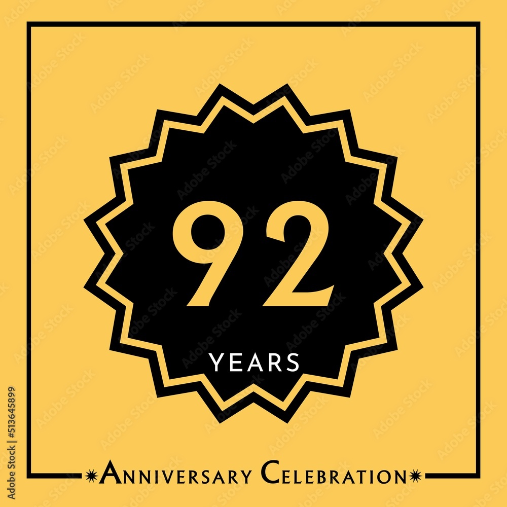 Naklejka premium 92 years anniversary celebration with black star isolated on yellow background. Creative design for happy birthday, wedding, graduation, event party, marriage, invitation card and greeting card.