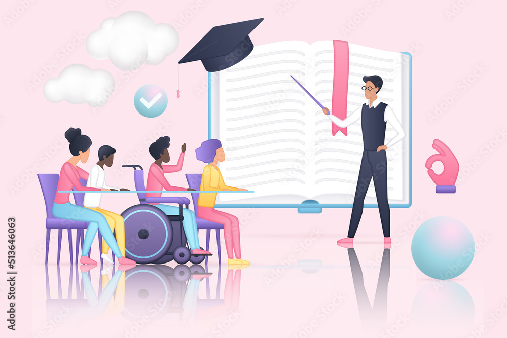 Inclusive education, man with pointer teaching diverse group of children with disability. Students with tutor, kids sitting in wheelchair and learning vector illustration. Inclusion, pedagogue concept