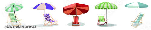 Many deck chairs and beach umbrellas on white background