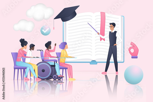 Inclusive education, man with pointer teaching diverse group of children with disability. Students with tutor, kids sitting in wheelchair and learning vector illustration. Inclusion, pedagogue concept