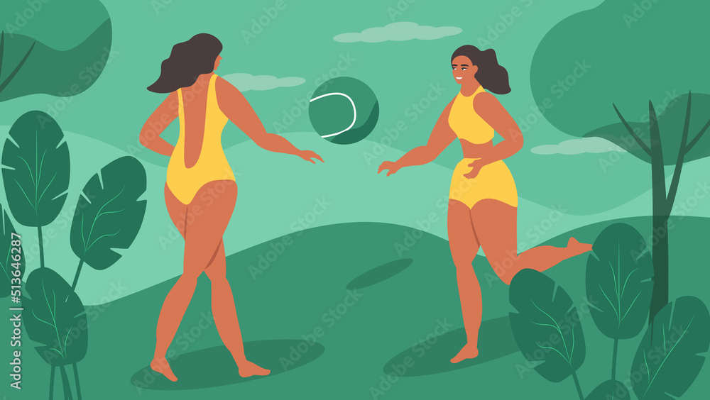 vector illustration in flat style - two young women playing ball outdoors
