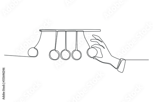 Simple continuous line drawing Newton cradle pendulums  kinetic balls hand pulling one. Subjects concept in school and university. Continuous line draw design graphic vector illustration.