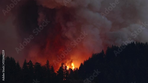 Large forest fire burns the tree covered side of a mountain in Oregon photo