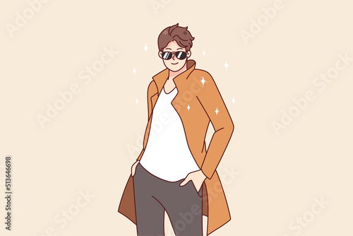 Portrait of stylish handsome young man in fashionable clothes and sunglasses posing. Smiling guy model wearing designer garment. Fashion and style. Vector illustration.