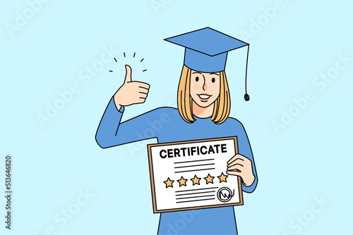 Smiling girl with diploma show thumb up
