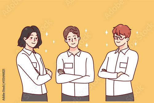 Portrait of businesspeople in uniform with badges showing confidence and professionalism. Workers in white shirts with IDs at workplace. Employment concept. Vector illustration. 