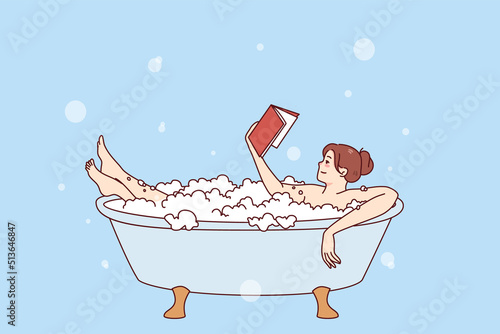 Happy young woman relaxing in bathtub with foam reading book. Calm girl rest in bath with bubbles enjoy literature reading. Weekend and relaxation. Vector illustration. 