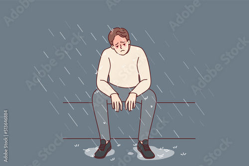 Unhappy man sitting on bench under rain feeling depressed and lonely. Sad male suffer from depression or mental problems. Stress and solitude. Vector illustration. 