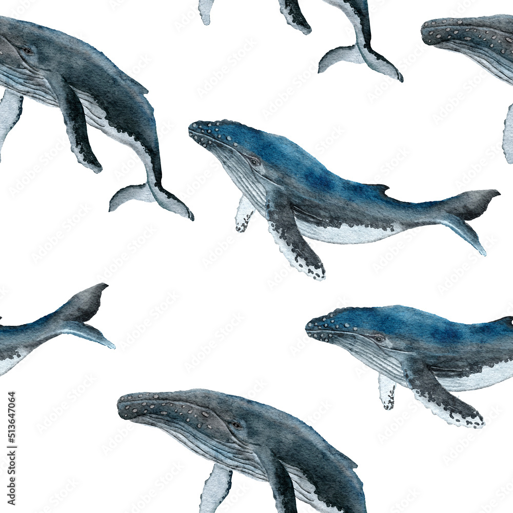 Naklejka premium Hand drawn watercolor seamless pattern with blue whale. Sea ocean marine animal, nautical underwater endangered mammal species. Blue gray illustration for fabric nursery decor, under the sea prints.