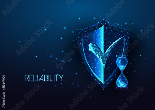Concept of reliability with protective shield, approval mark, hourglass in futuristic glowing style
