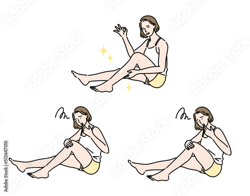 足の肌トラブルに悩んでいる若い女性のセット
