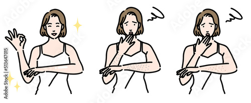 腕の肌トラブルに悩んでいる若い女性のセット
