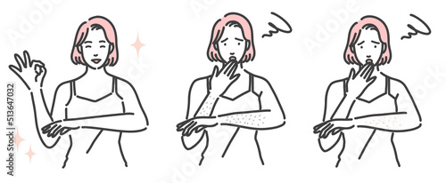 腕の肌トラブルに悩んでいる若い女性のセット

