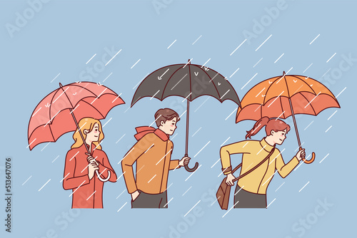 People with umbrellas walking on rainy day. Men and women outside under rain. Weather changes, autumn season concept. Vector illustration. 