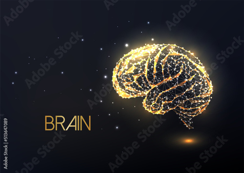 Abstract gold human brain in glowing low polygonal style isolated on black background.