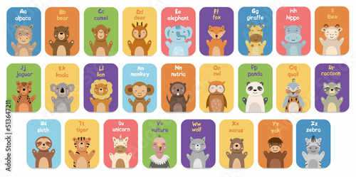 Alphabet cards for kids. Educational preschool learning ABC card with animal and letter cartoon vector illustration set. Flashcards with cute characters and english words placed in alphabetical order. photo