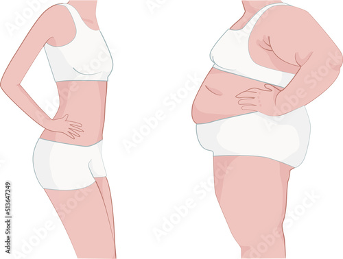 Fat and slim girls. Before and after. Weight loss concept. Vector illustration.