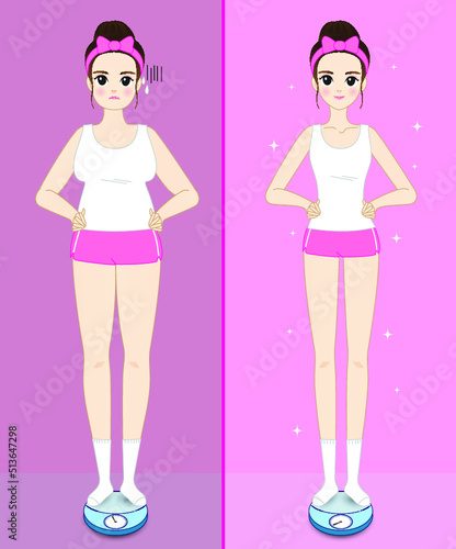 Fat and slim girls. Before and after. Weight loss concept. Vector illustration.