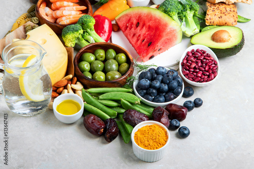 Healthy food assortment on light background.