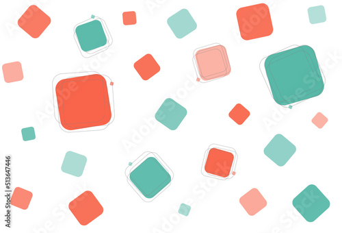 Minimal geometric abstract pattern on white background. Design elements with green and orange square shapes decorated with lines. Vector Illustration.