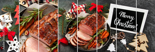 Collage of Christmas composition with baked ham.