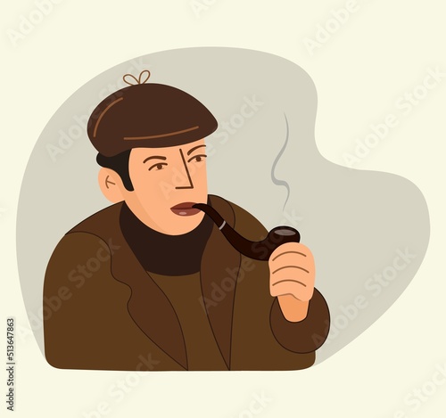 Image of Sherlock Holmes. Silhouette of a detective with a pipe. The sleuth thinks. Vector illustration. Retro style.