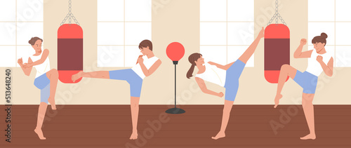 Many people in the gym are doing kickboxing. flat design style vector illustration.