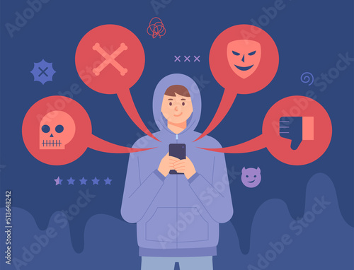A boy in a hoodie is sending a bad message on his cellphone. Bad icons are formed around the boy. flat design style vector illustration.