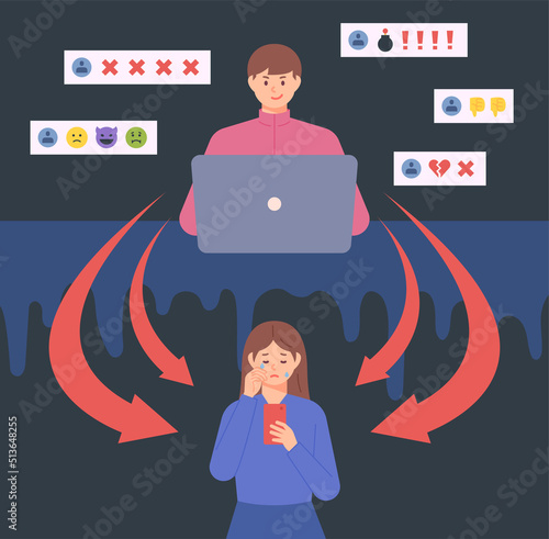 A person is having fun while swearing at another person on an internet social network. The victim is crying over the review. flat design style vector illustration.