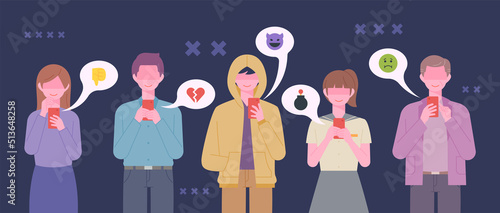 People are cyberbulling with bad reviews on social networks. flat design style vector illustration.